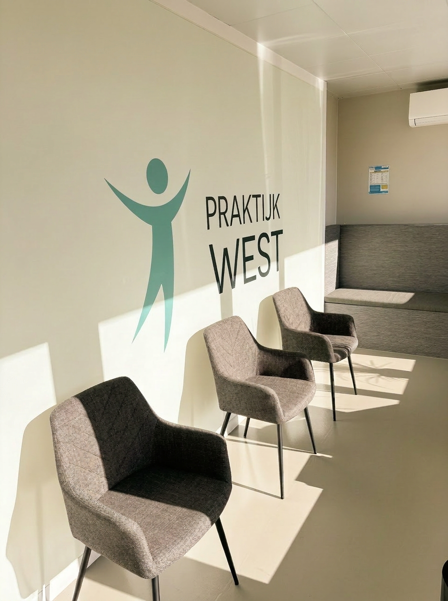 Wachtruimte van Praktijk West in Roeselare met drie zetels, zacht licht en het logo op de muur